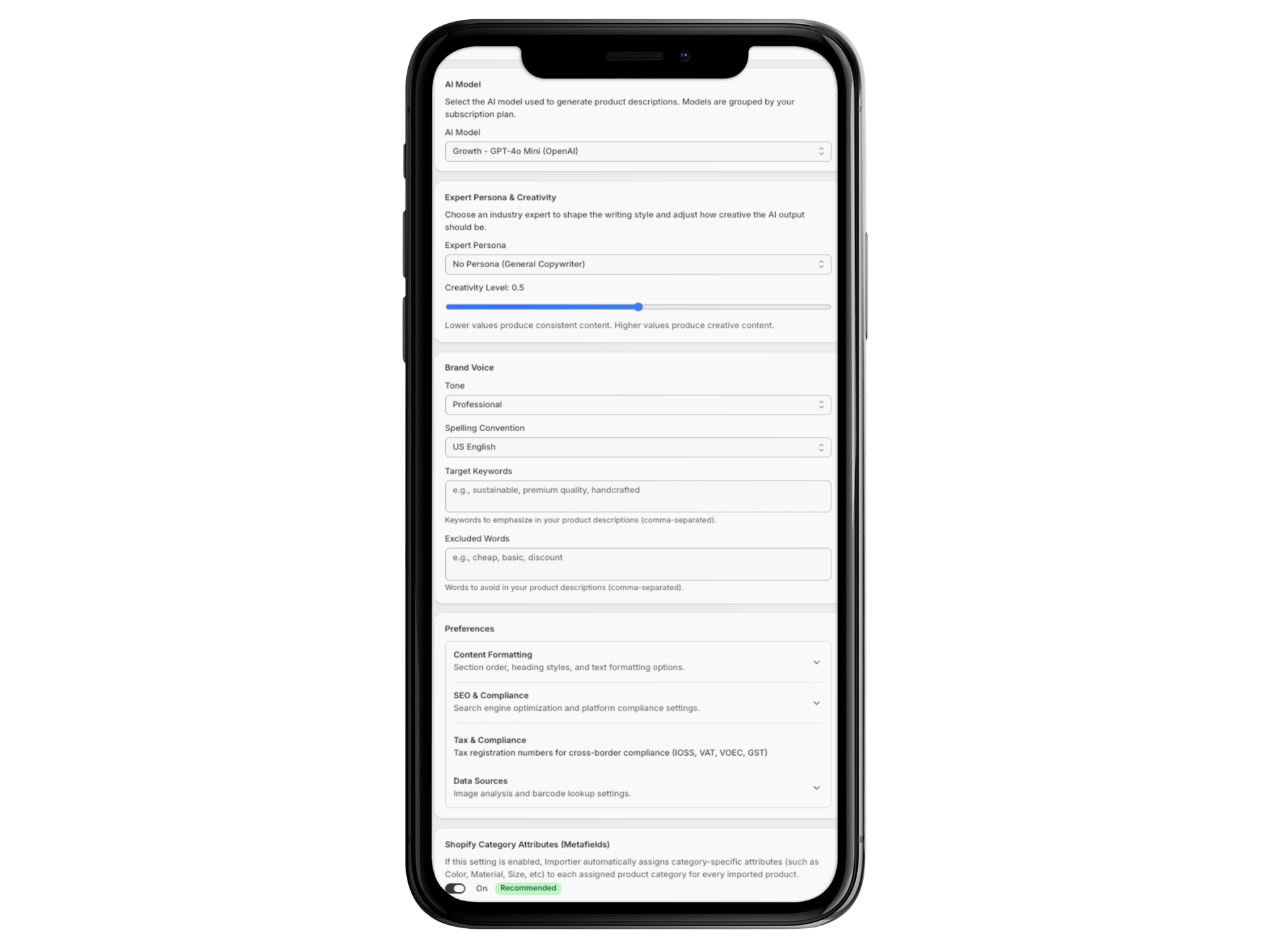 Importier AI model selection interface